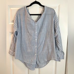 Blue and white pinstripe long sleeve blouse